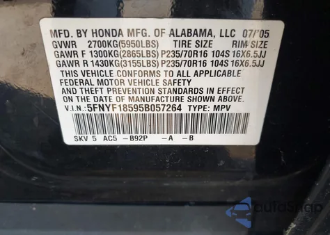 2005 Honda Pilot Ex-L z USA, uszkodzony, nr VIN 5FNYF18595B057264